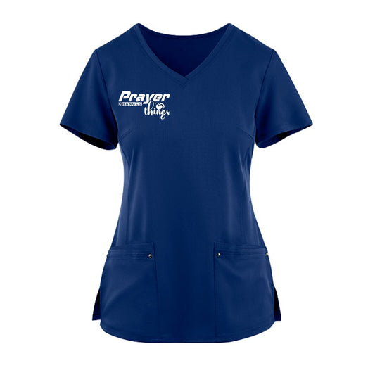 Prayer Changes Things Premium Women’s Christian 2‑Pocket Juliet Stylish V‑Neck Medical Scrub Top - ClaimedbyGodDesigns