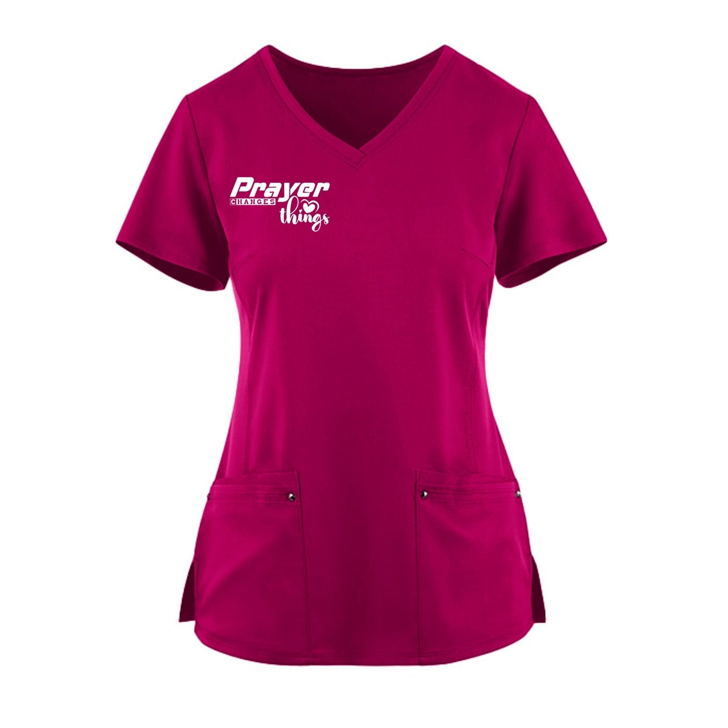 Prayer Changes Things Premium Women’s Christian 2‑Pocket Juliet Stylish V‑Neck Medical Scrub Top - ClaimedbyGodDesigns