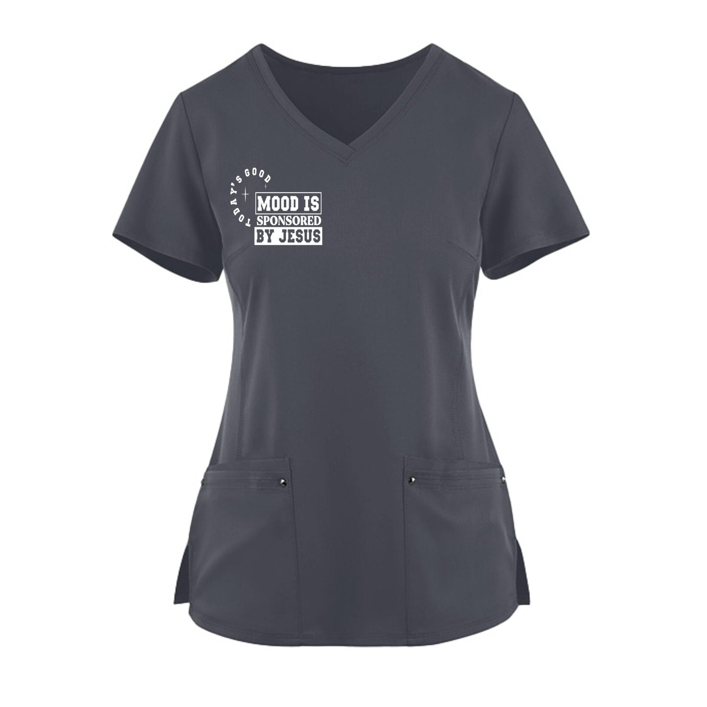 Todays Good Mood Is Sponsored By Jesus Premium Women’s Christian 2‑Pocket Juliet Stylish V‑Neck Medical Scrub Top - ClaimedbyGodDesigns