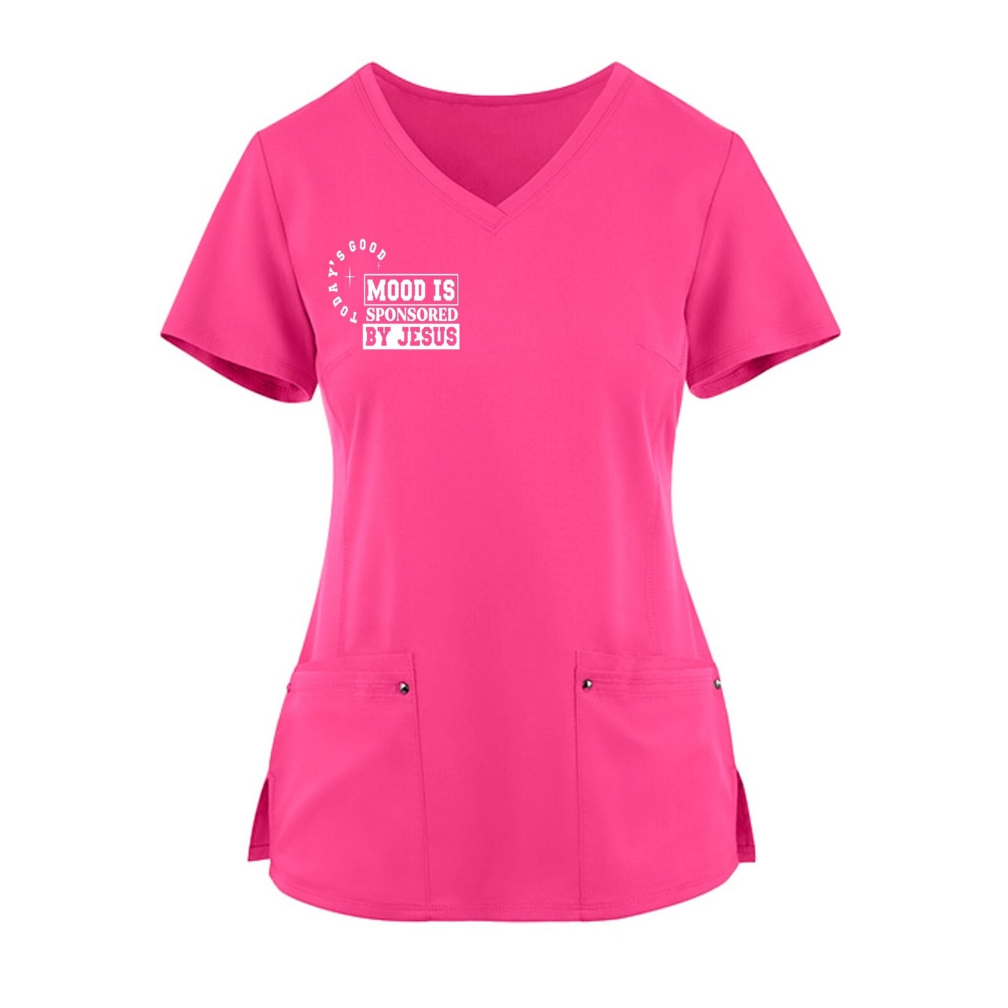 Todays Good Mood Is Sponsored By Jesus Premium Women’s Christian 2‑Pocket Juliet Stylish V‑Neck Medical Scrub Top - ClaimedbyGodDesigns