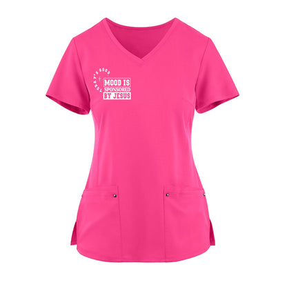 Todays Good Mood Is Sponsored By Jesus Premium Women’s Christian 2‑Pocket Juliet Stylish V‑Neck Medical Scrub Top - ClaimedbyGodDesigns