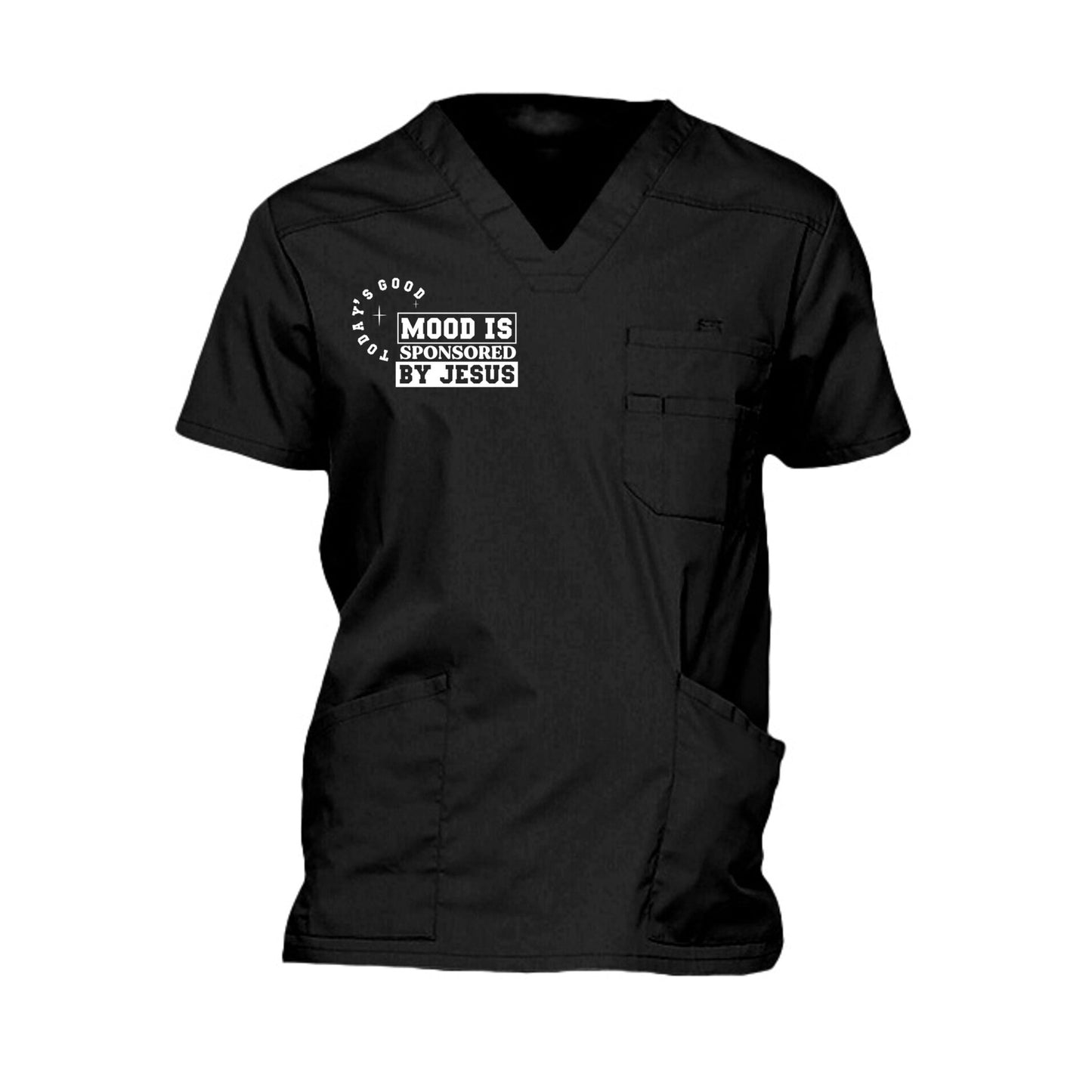 Today's Good Mood Is Sponsored By Jesus Men’s Christian 5‑Pocket V‑Neck Premium Medical Scrub Top - ClaimedbyGodDesigns