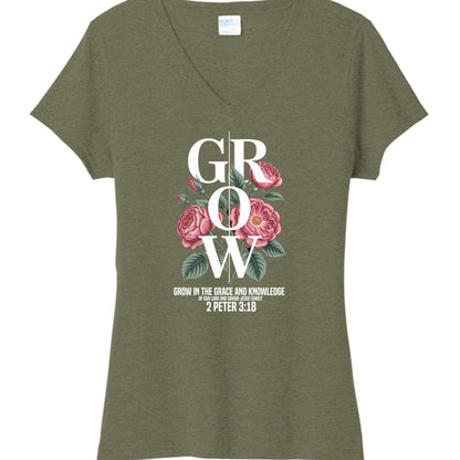 Grow In The Grace And Knowledge Of Our Lord Women's Christian V - neck T-shirt - ClaimedbyGodDesigns