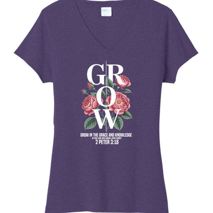 Grow In The Grace And Knowledge Of Our Lord Women's Christian V - neck T-shirt - ClaimedbyGodDesigns