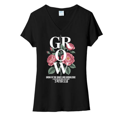 Grow In The Grace And Knowledge Of Our Lord Women's Christian V - neck T-shirt - ClaimedbyGodDesigns