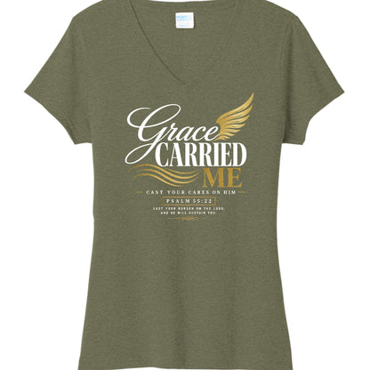 Grace Carried Me Women's Christian V - neck T-shirt - ClaimedbyGodDesigns