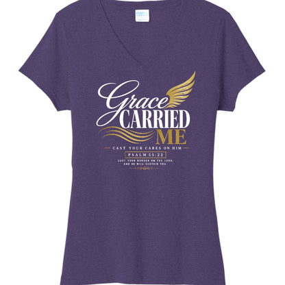 Grace Carried Me Women's Christian V - neck T-shirt - ClaimedbyGodDesigns