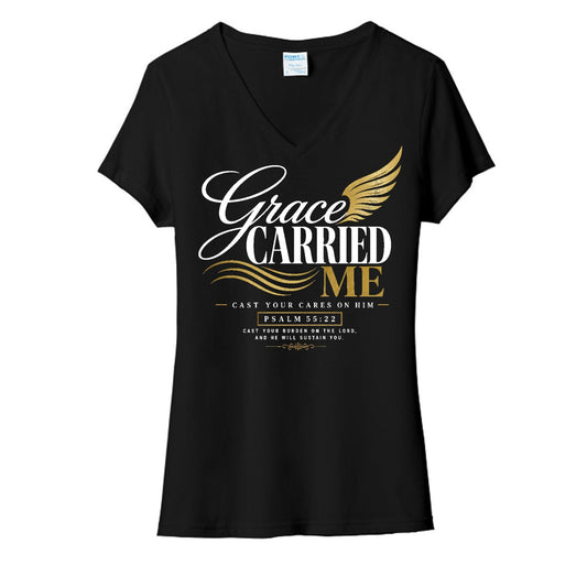 Grace Carried Me Women's Christian V - neck T-shirt - ClaimedbyGodDesigns