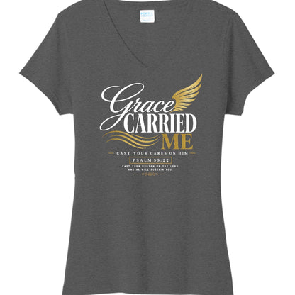 Grace Carried Me Women's Christian V - neck T-shirt - ClaimedbyGodDesigns