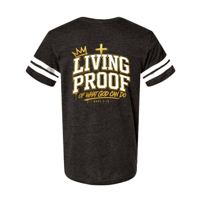Living Proof Of What God Can Do Men's Christian Football Fine Jersey T-Shirt - ClaimedbyGodDesigns
