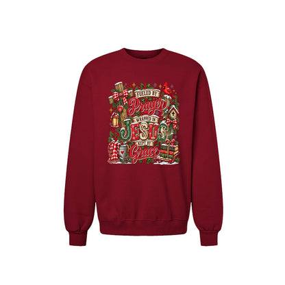 Fueled By Prayer Wrapped In Jesus Kept By Grace Unisex Christian Christmas Pullover Sweatshirt - ClaimedbyGodDesigns