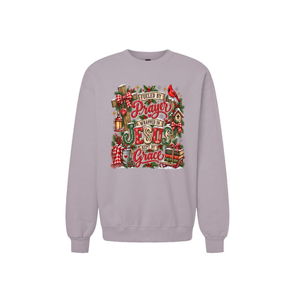 Fueled By Prayer Wrapped In Jesus Kept By Grace Unisex Christian Christmas Pullover Sweatshirt - ClaimedbyGodDesigns