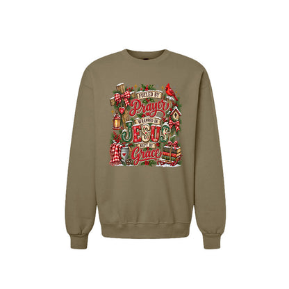 Fueled By Prayer Wrapped In Jesus Kept By Grace Unisex Christian Christmas Pullover Sweatshirt - ClaimedbyGodDesigns