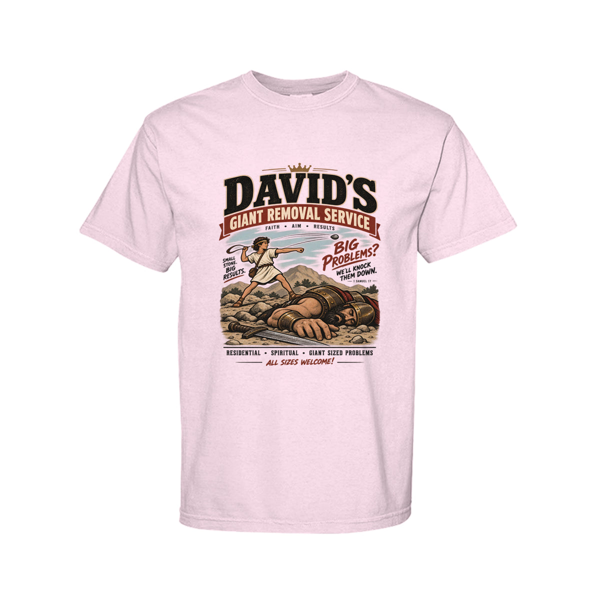David's Giant Removal Service Funny Christian T-Shirt color option - Claimed by God Designs