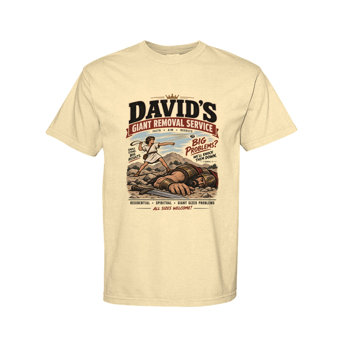 David's Giant Removal Service Funny Christian T-Shirt color option - Claimed by God Designs