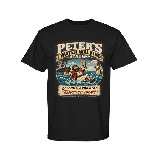 Peter's Water Walking Academy Funny Christian T-Shirt color option - Claimed by God Designs