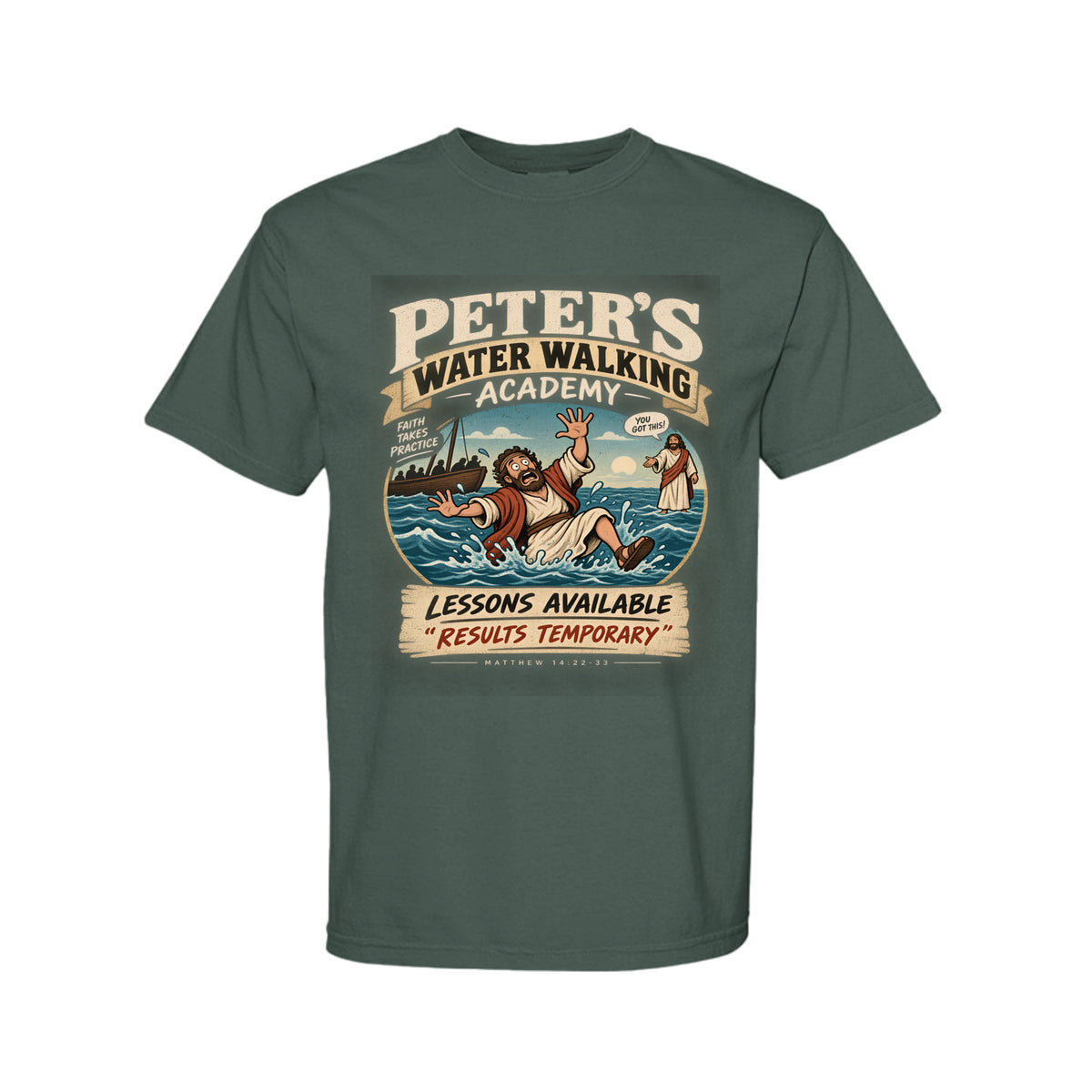 Peter's Water Walking Academy Funny Christian T-Shirt color option - Claimed by God Designs
