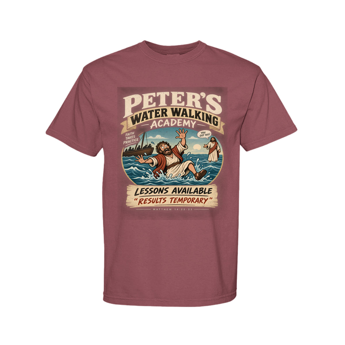 Peter's Water Walking Academy Funny Christian T-Shirt color option - Claimed by God Designs