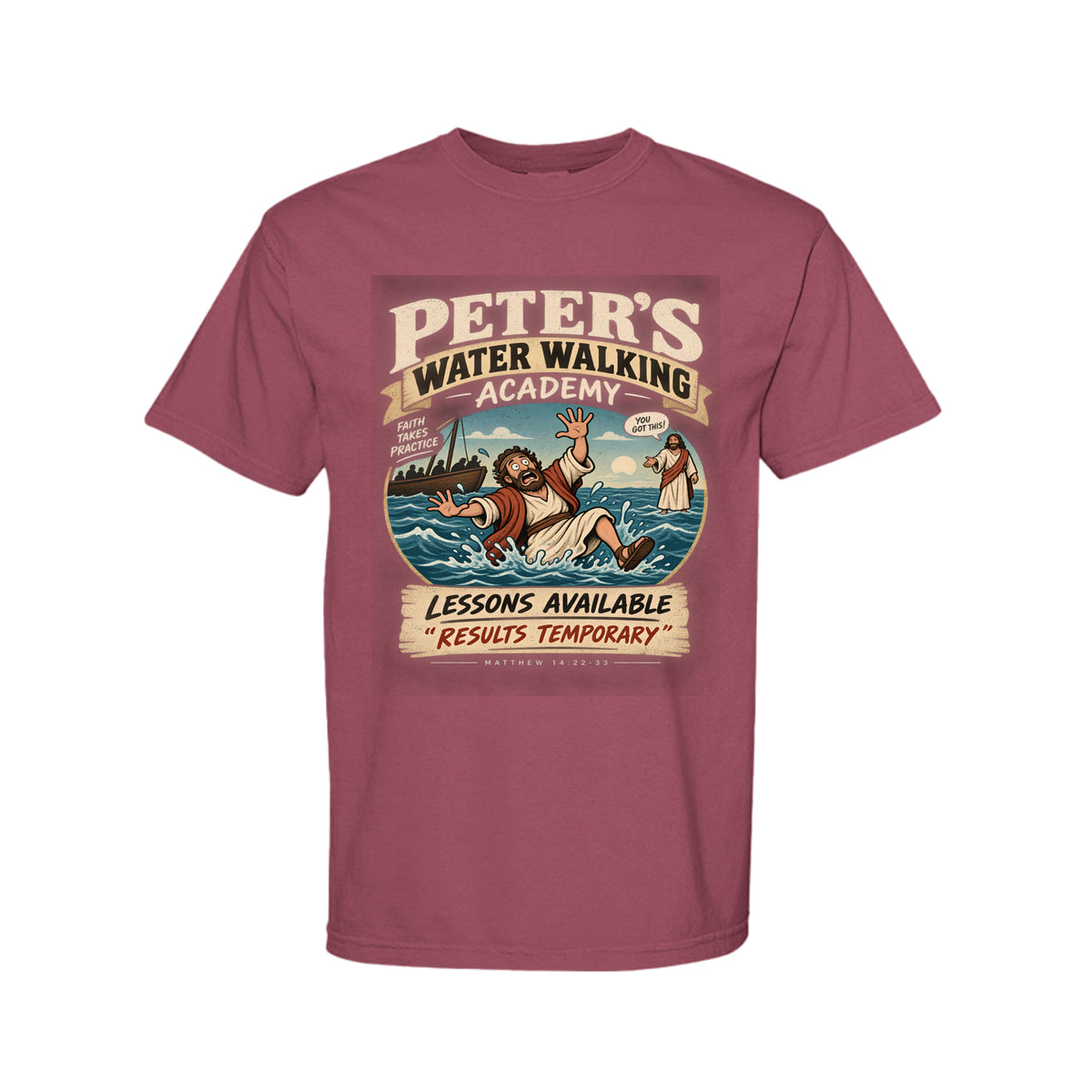 Peter's Water Walking Academy Funny Christian T-Shirt color option - Claimed by God Designs