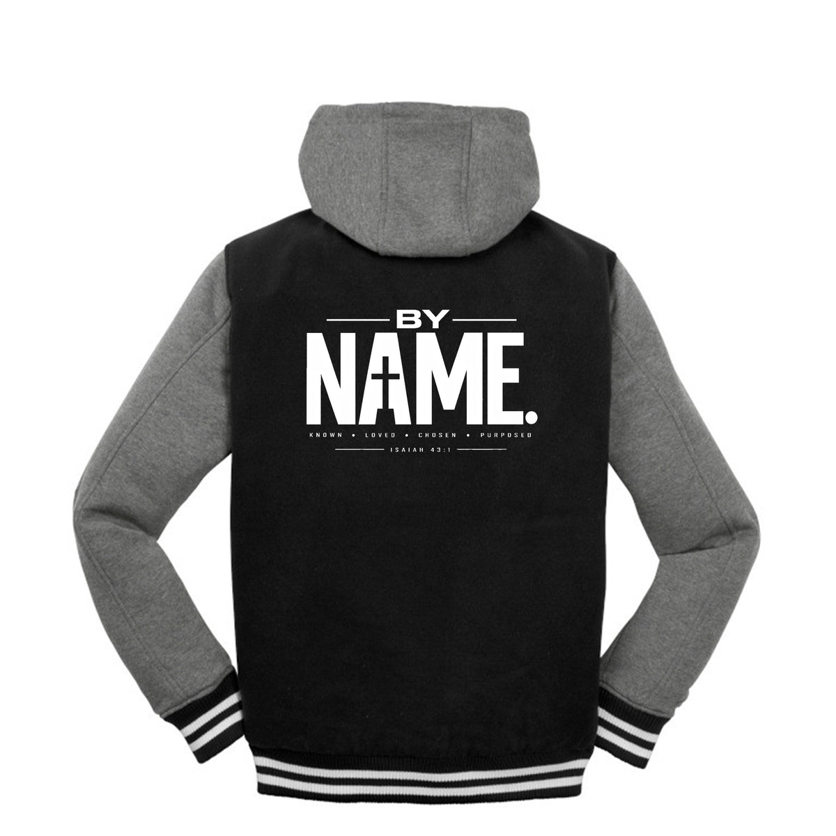 BY NAME Christian letterman jacket, Isaiah 43:1, front