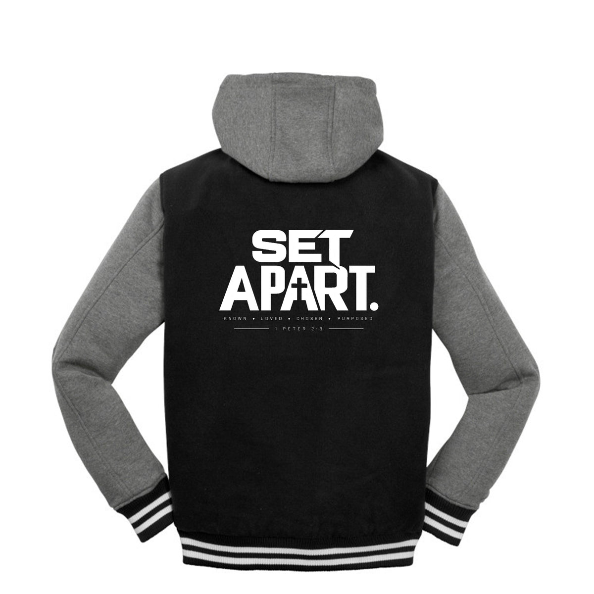 SET APART Christian letterman jacket, 1 Peter 2:9, front