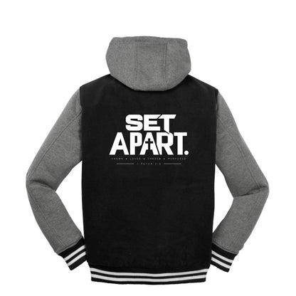 SET APART Christian letterman jacket, 1 Peter 2:9, front