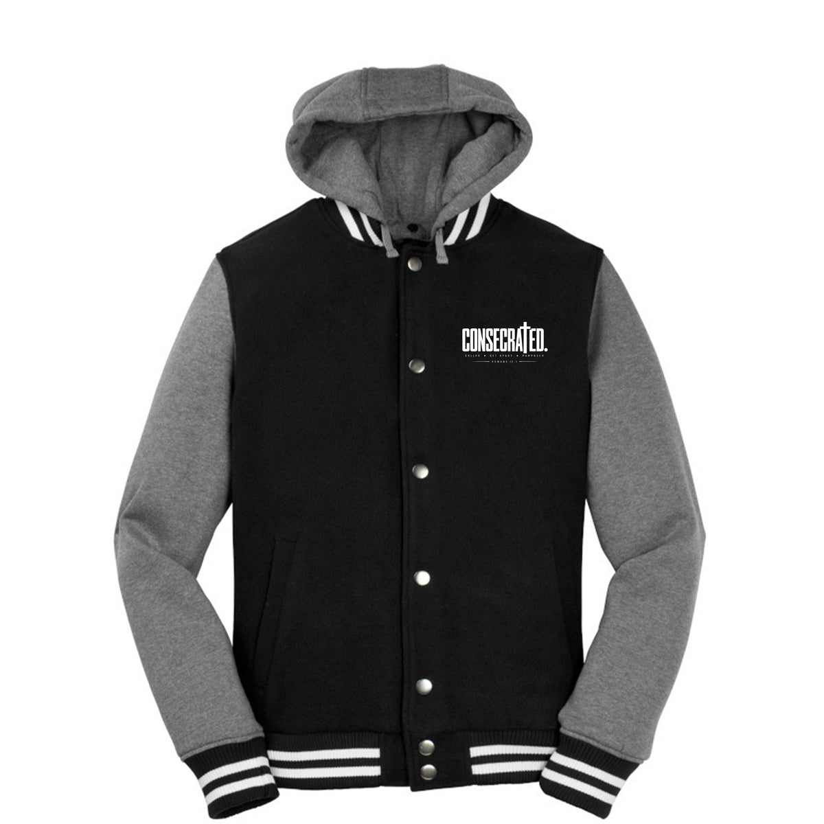 CONSECRATED Christian letterman jacket, Romans 12:1, back