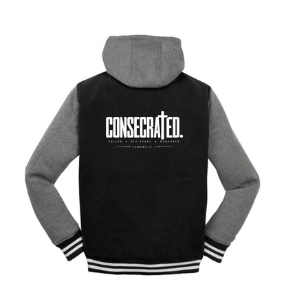 CONSECRATED Christian letterman jacket, Romans 12:1, front