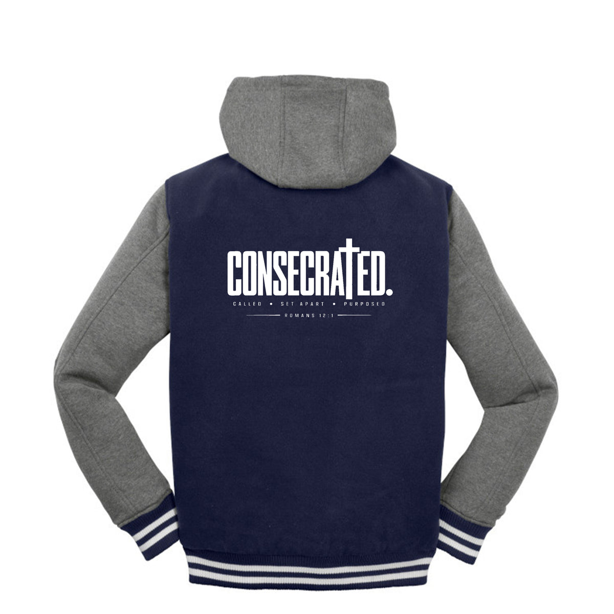 CONSECRATED Christian letterman jacket, Romans 12:1