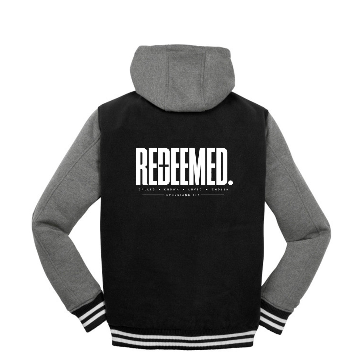 REDEEMED Christian letterman jacket, Ephesians 1:7, front
