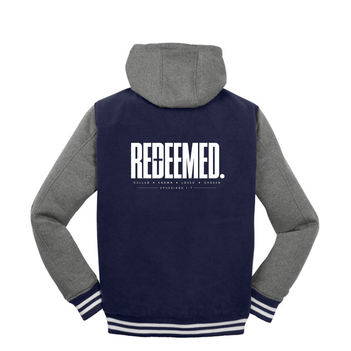REDEEMED Christian letterman jacket, Ephesians 1:7