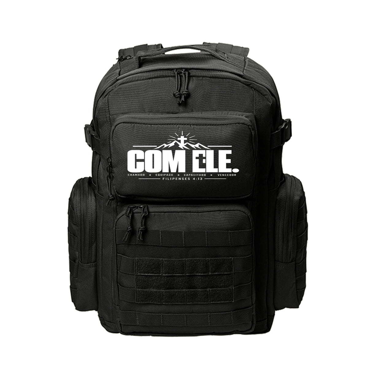 COM ELE Portuguese Christian backpack with Filipenses 4:13 design (With Him)