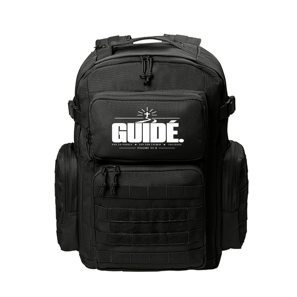 GUIDÉ French Christian backpack with Psaume 32:8 cross and pathway design (Guided)