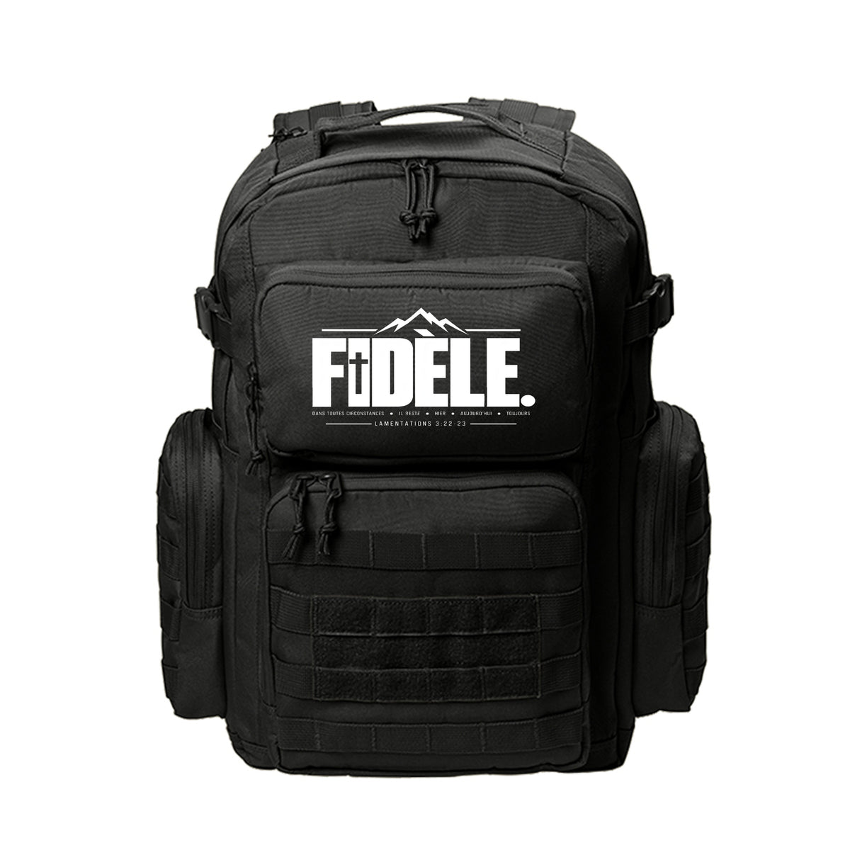 FIDÈLE French Christian backpack with Lamentations 3:22-23 mountain and cross design (Faithful)