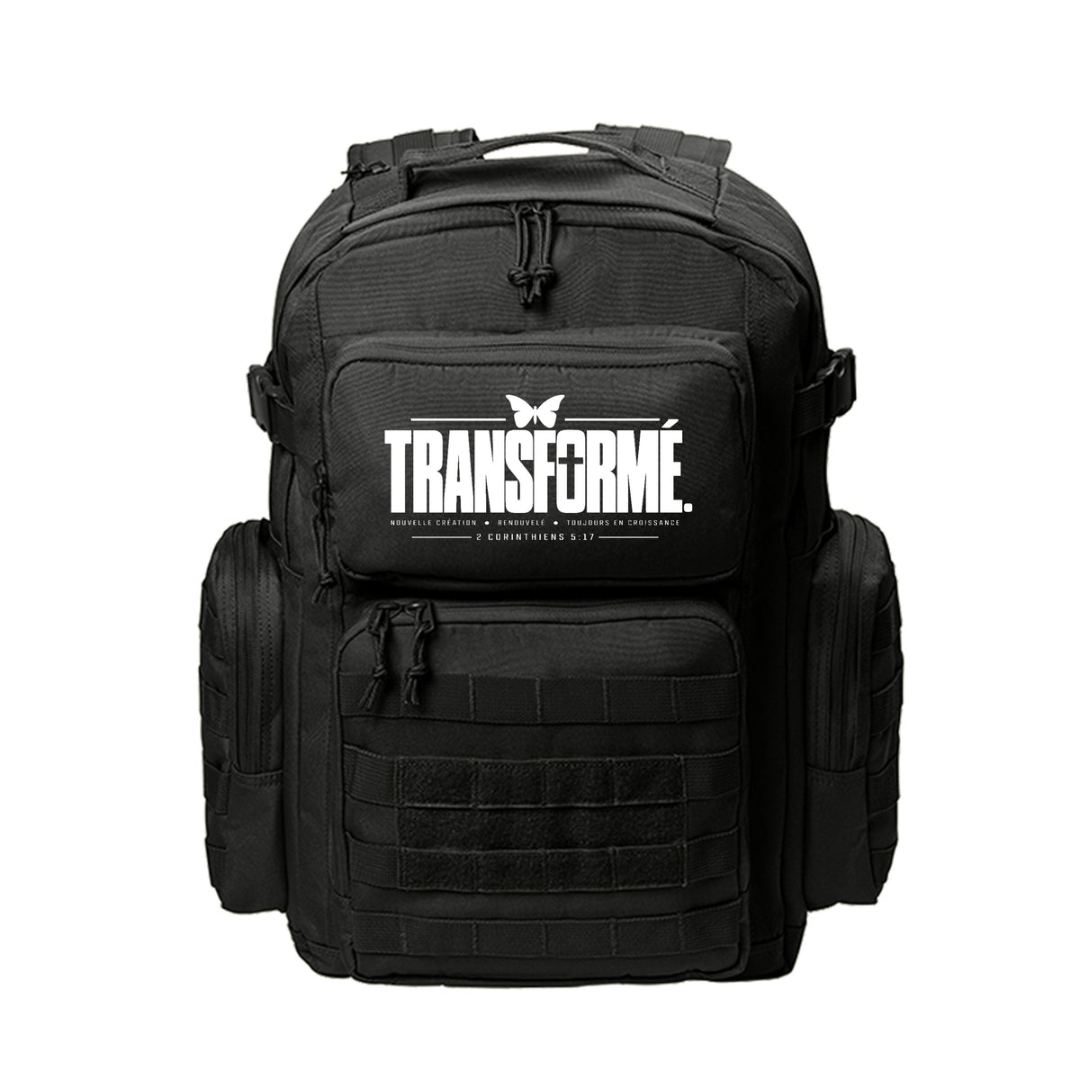 TRANSFORMÉ French Christian backpack with 2 Corinthiens 5:17 butterfly and cross design (Transformed)