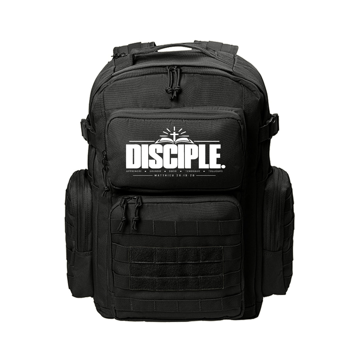 DISCIPLE French Christian backpack with Matthieu 28:19-20 open Bible and cross design