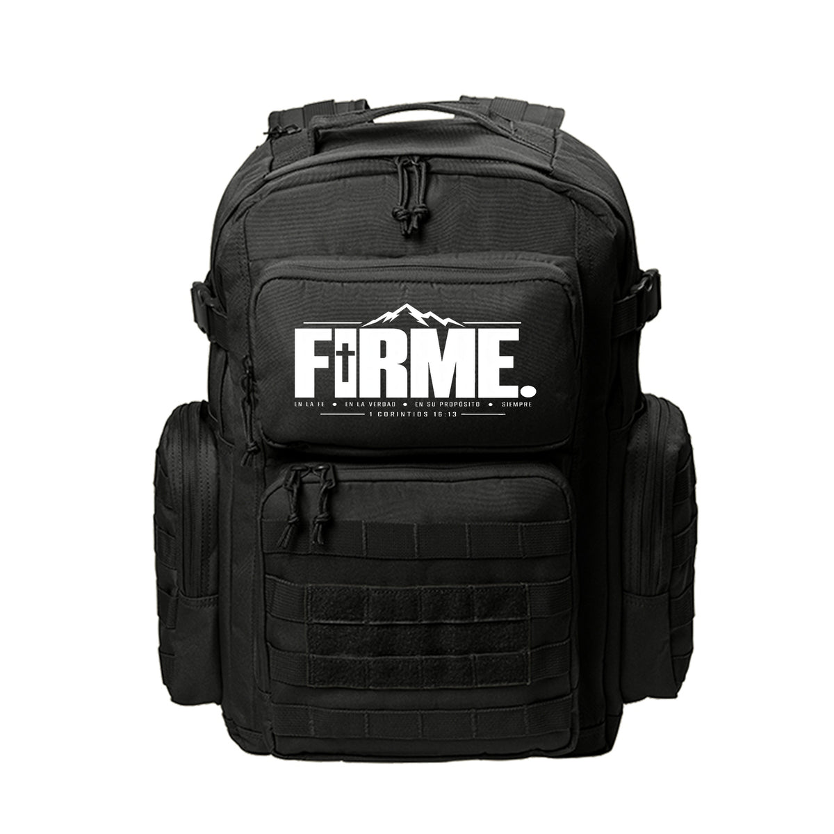 FIRME Spanish Christian backpack with 1 Corintios 16:13 mountain and cross design (Steadfast)