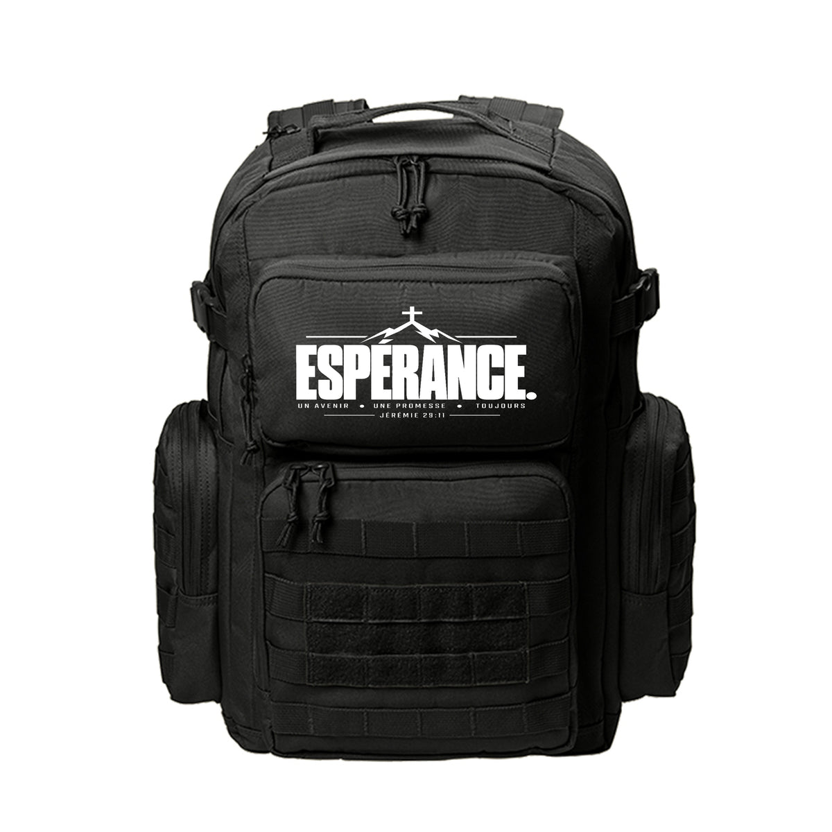 ESPÉRANCE French Christian backpack with Jérémie 29:11 mountain and cross design (Hope)