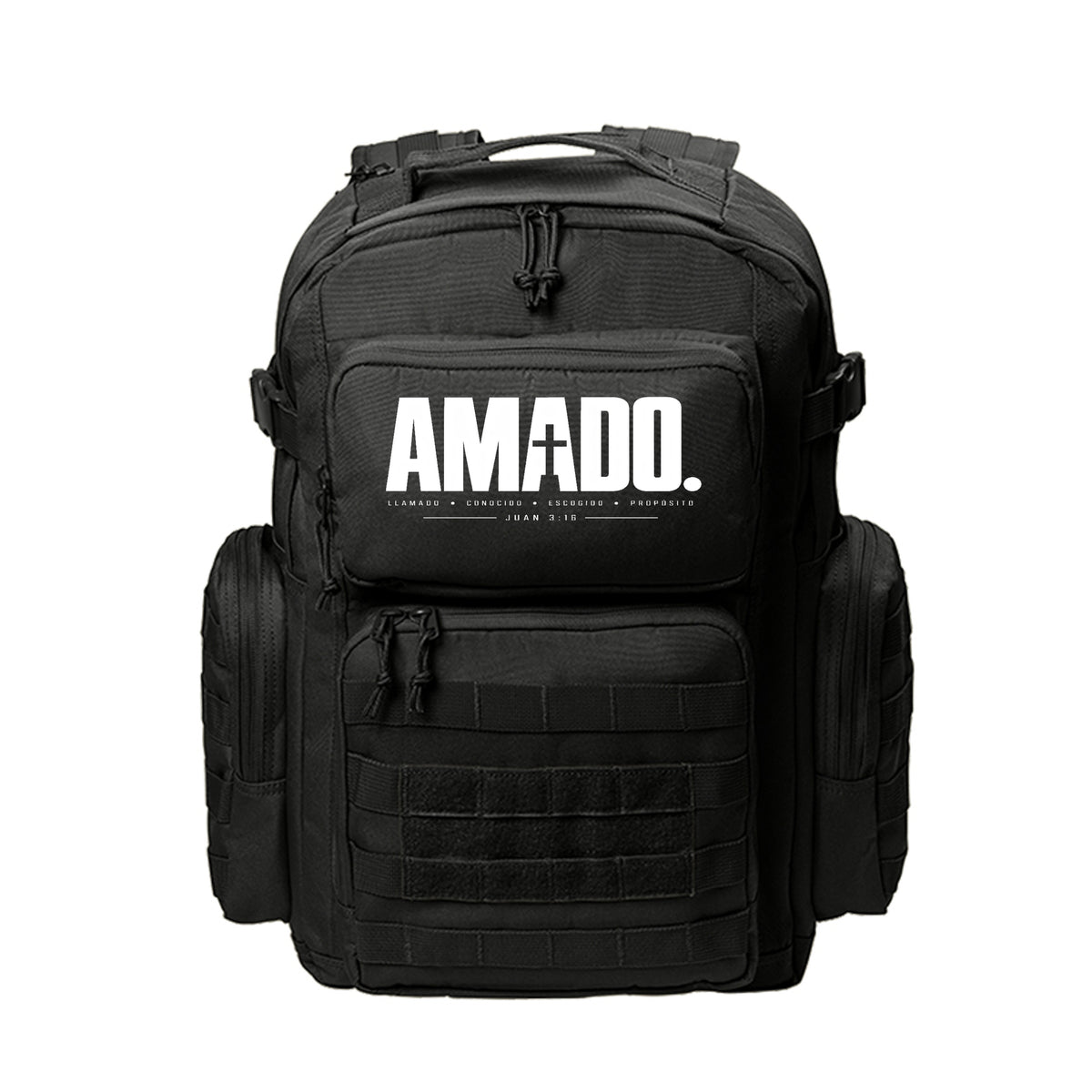 AMADO Spanish Christian backpack with Juan 3:16 cross typography design (Loved)