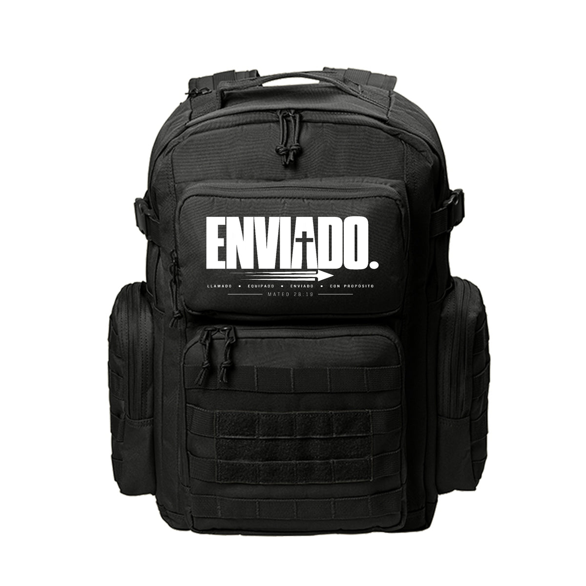 ENVIADO Spanish Christian backpack with Mateo 28:19 cross and arrow design (Sent)