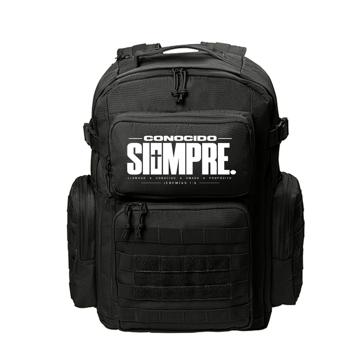 CONOCIDO SIEMPRE Spanish Christian backpack with Jeremías 1:5 cross design (Always Known)