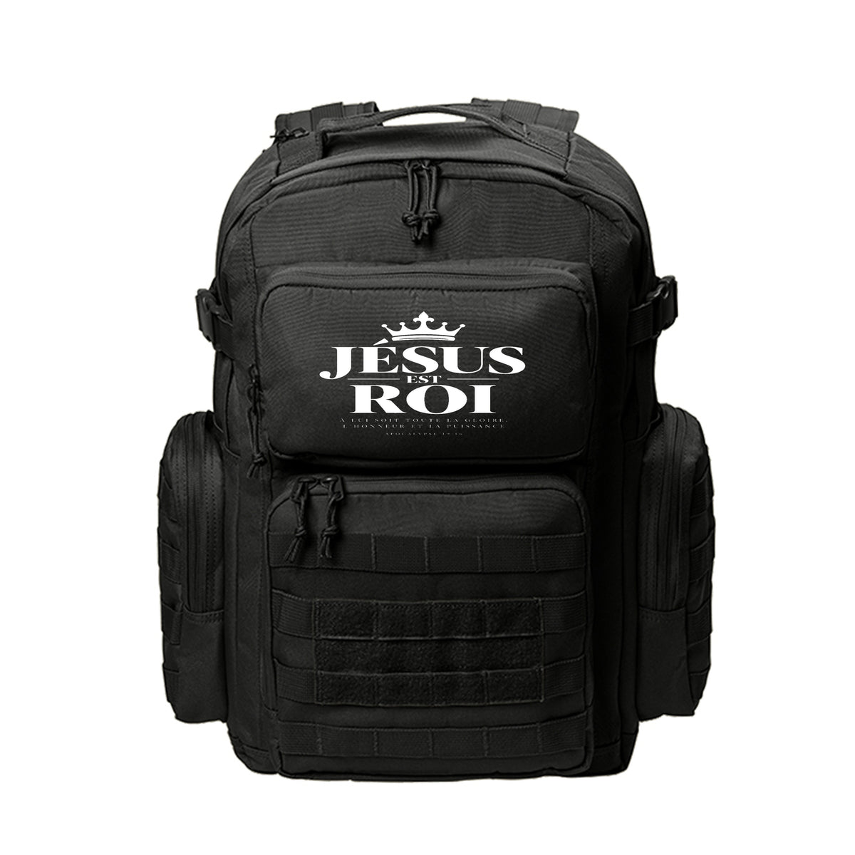 JÉSUS EST ROI French Christian backpack, white-on-black Jesus Is King design (Revelation 19:16)