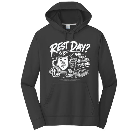 Rest Day? Nah, I'm on a Higher Purpose Philippians 4:13 unisex Christian gym hoodie