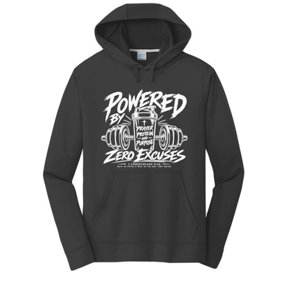 Powered by Prayer, Protein and Purpose 1 Corinthians 9:24 unisex Christian gym hoodie