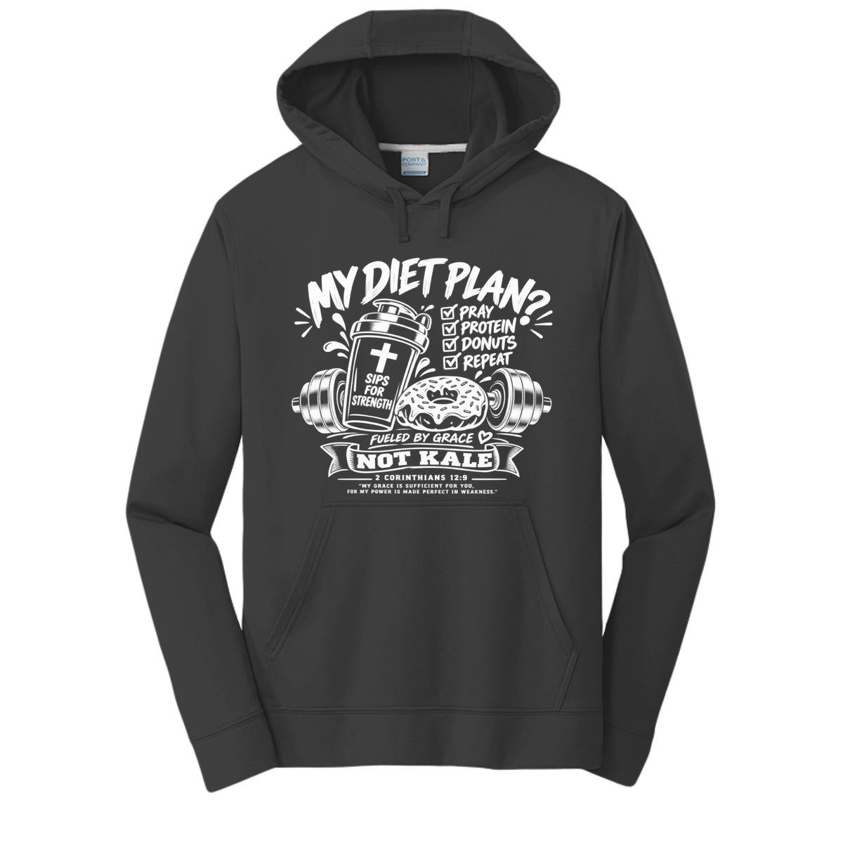My Diet Plan? Pray, Protein, Donuts, Repeat 2 Corinthians 12:9 unisex Christian gym hoodie