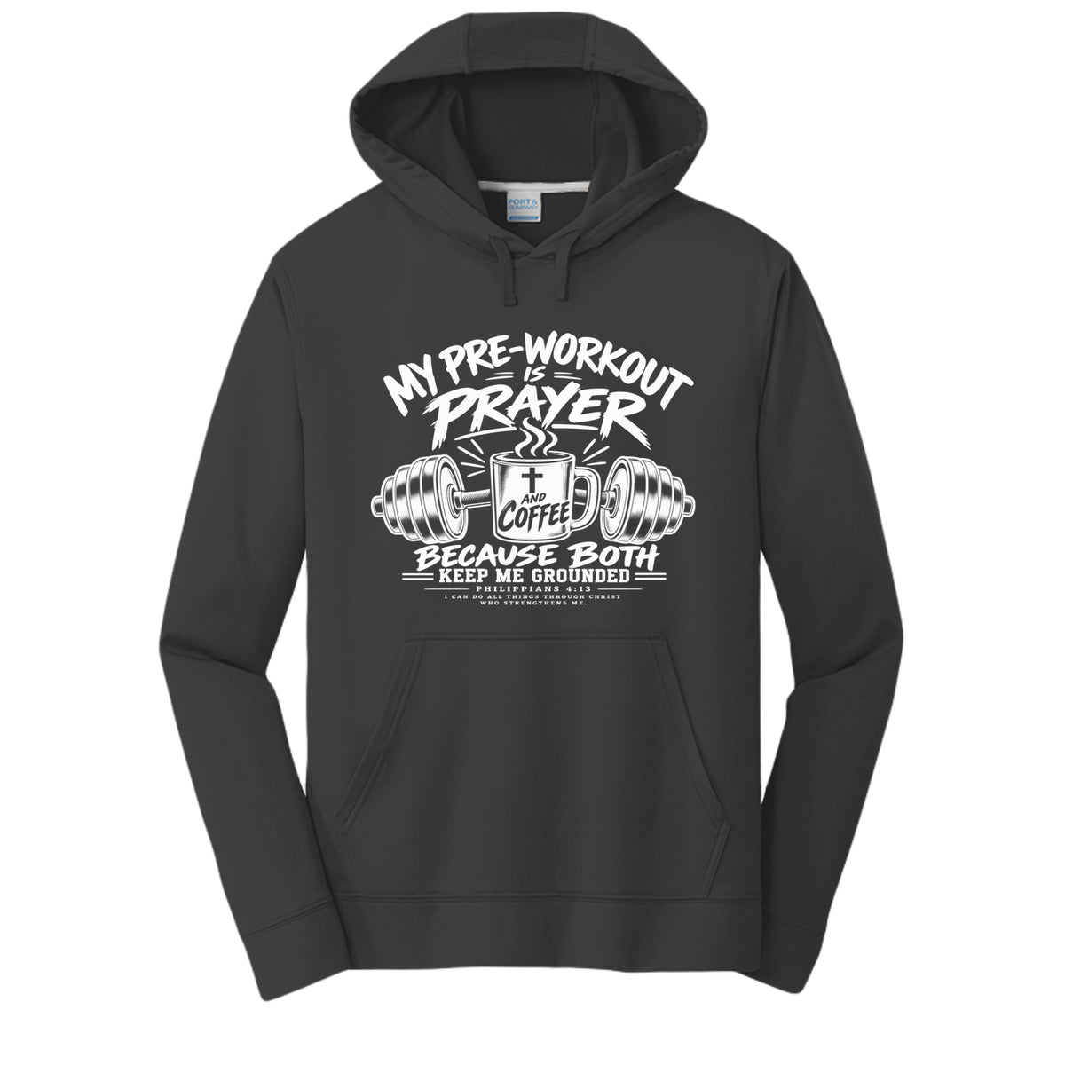 My Pre-Workout Is Prayer and Coffee Philippians 4:13 unisex Christian gym hoodie