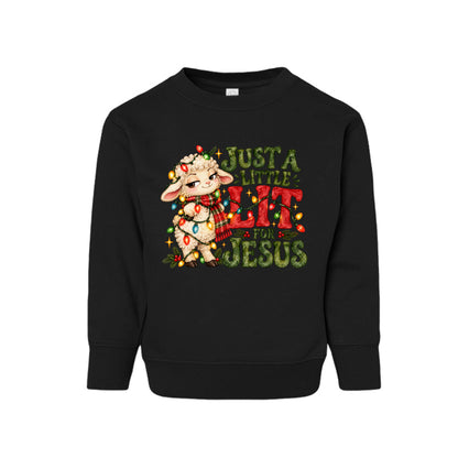 Just A Little Lit For Jesus toddler Christmas sweatshirt with a lamb wrapped in Christmas lights, front