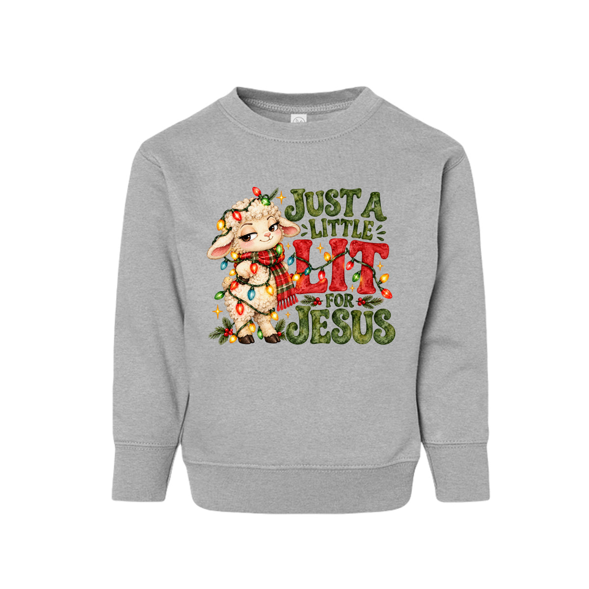 Just A Little Lit For Jesus toddler Christmas sweatshirt with a lamb wrapped in Christmas lights, front