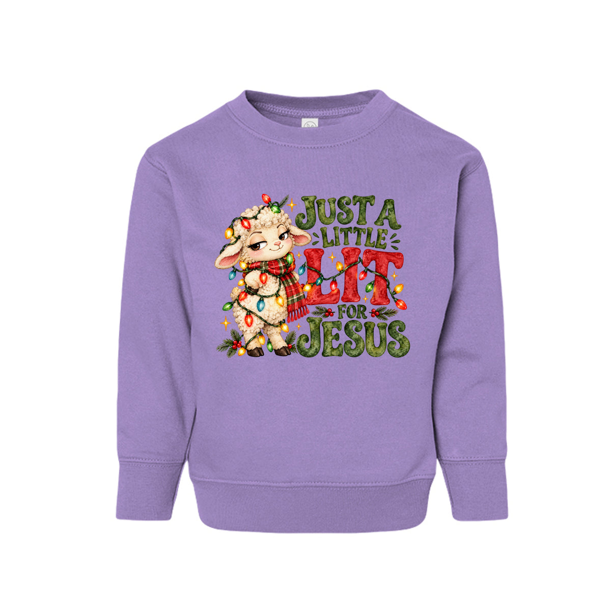 Just A Little Lit For Jesus toddler Christmas sweatshirt with a lamb wrapped in Christmas lights, front