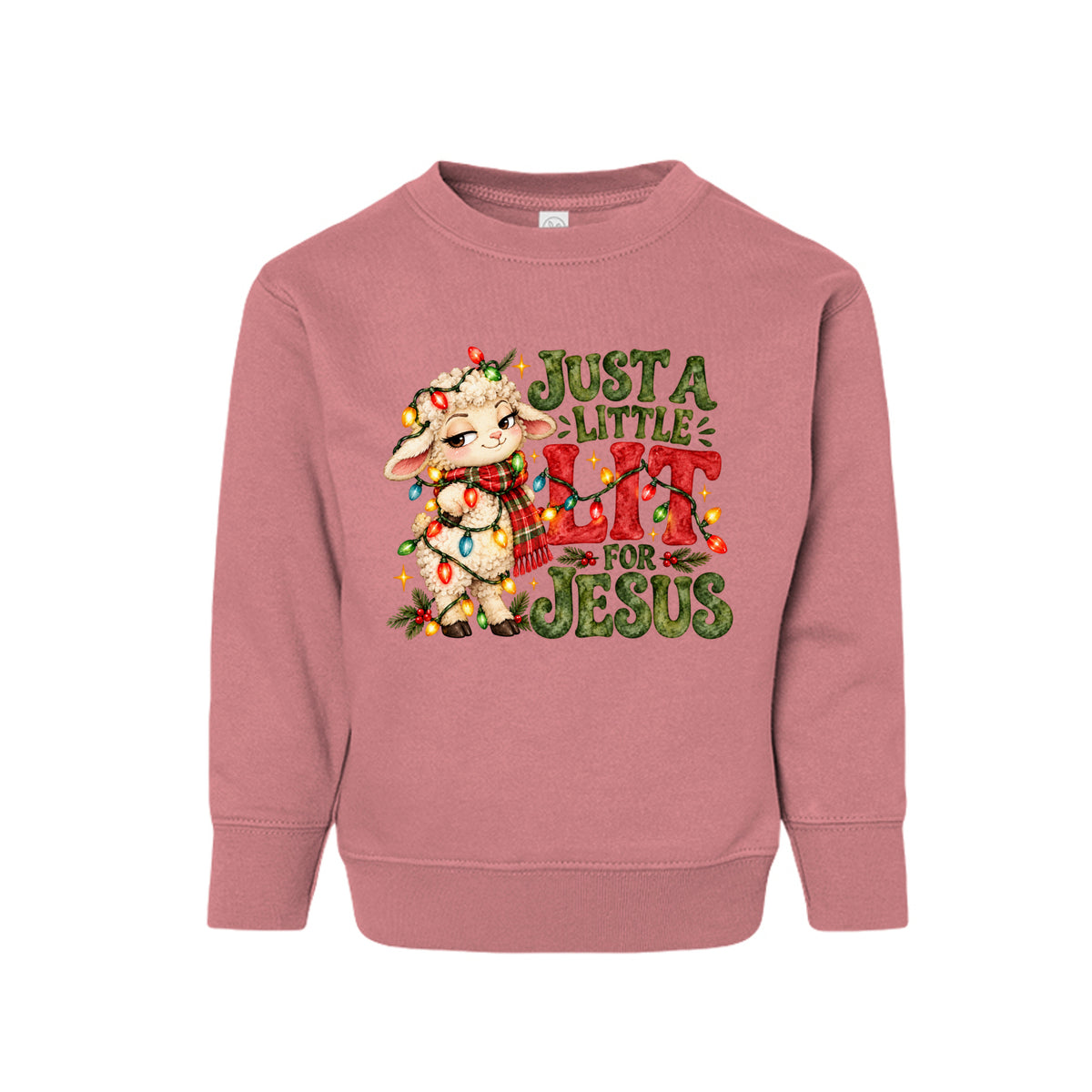Just A Little Lit For Jesus toddler Christmas sweatshirt with a lamb wrapped in Christmas lights, front